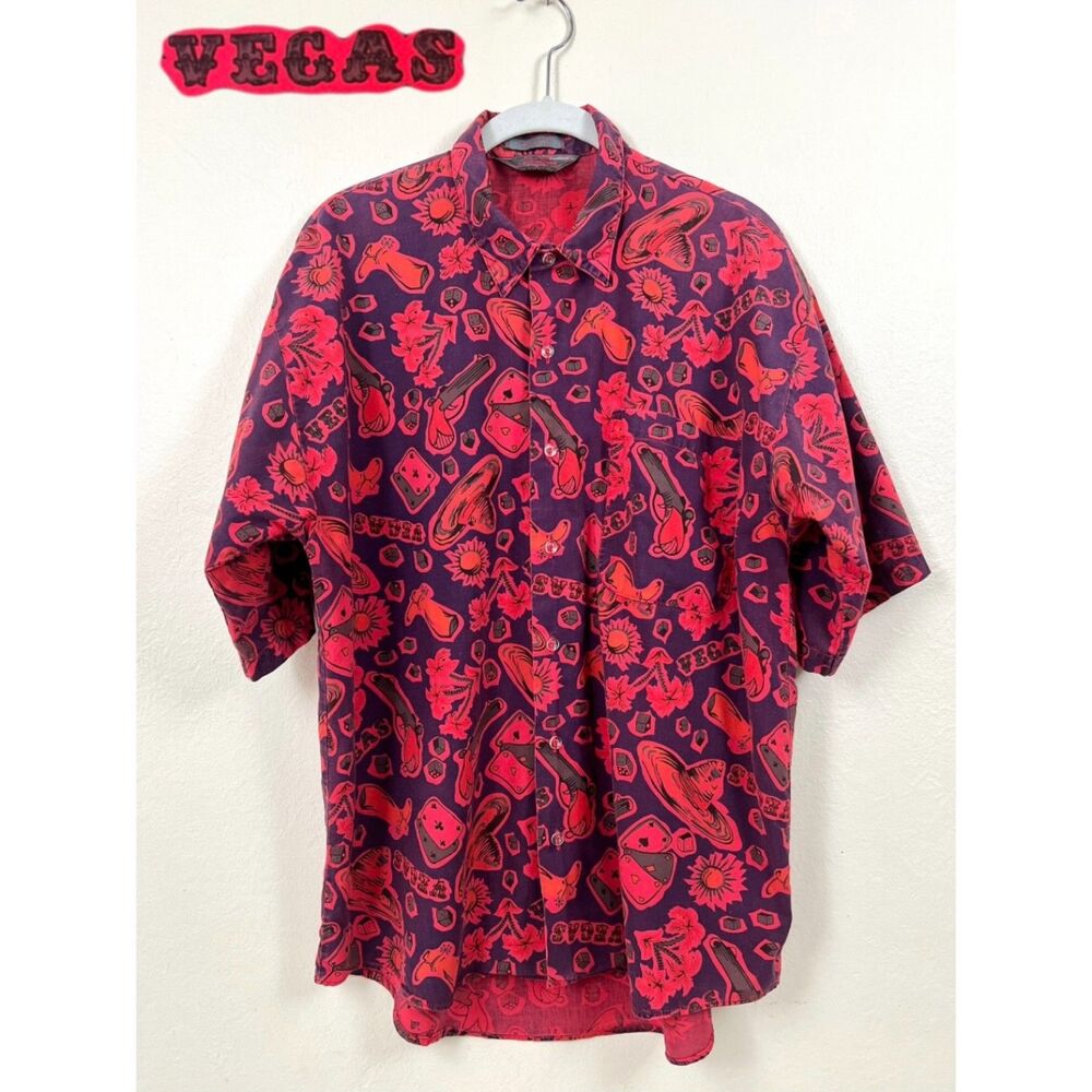 Vintage 80s Le Tigre VEGAS All Over Print Purple Red Sz M 100% Cotton Button-up